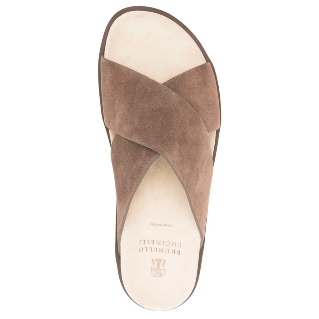 Brunello Cucinelli Cross-Strap Suede Slides 'Brown'