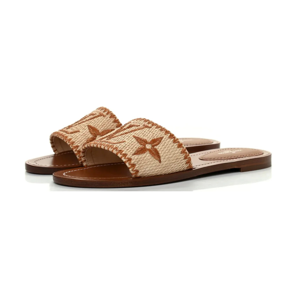 Louis Vuitton Raffia Calfskin Monogram Lock It Flat Mules