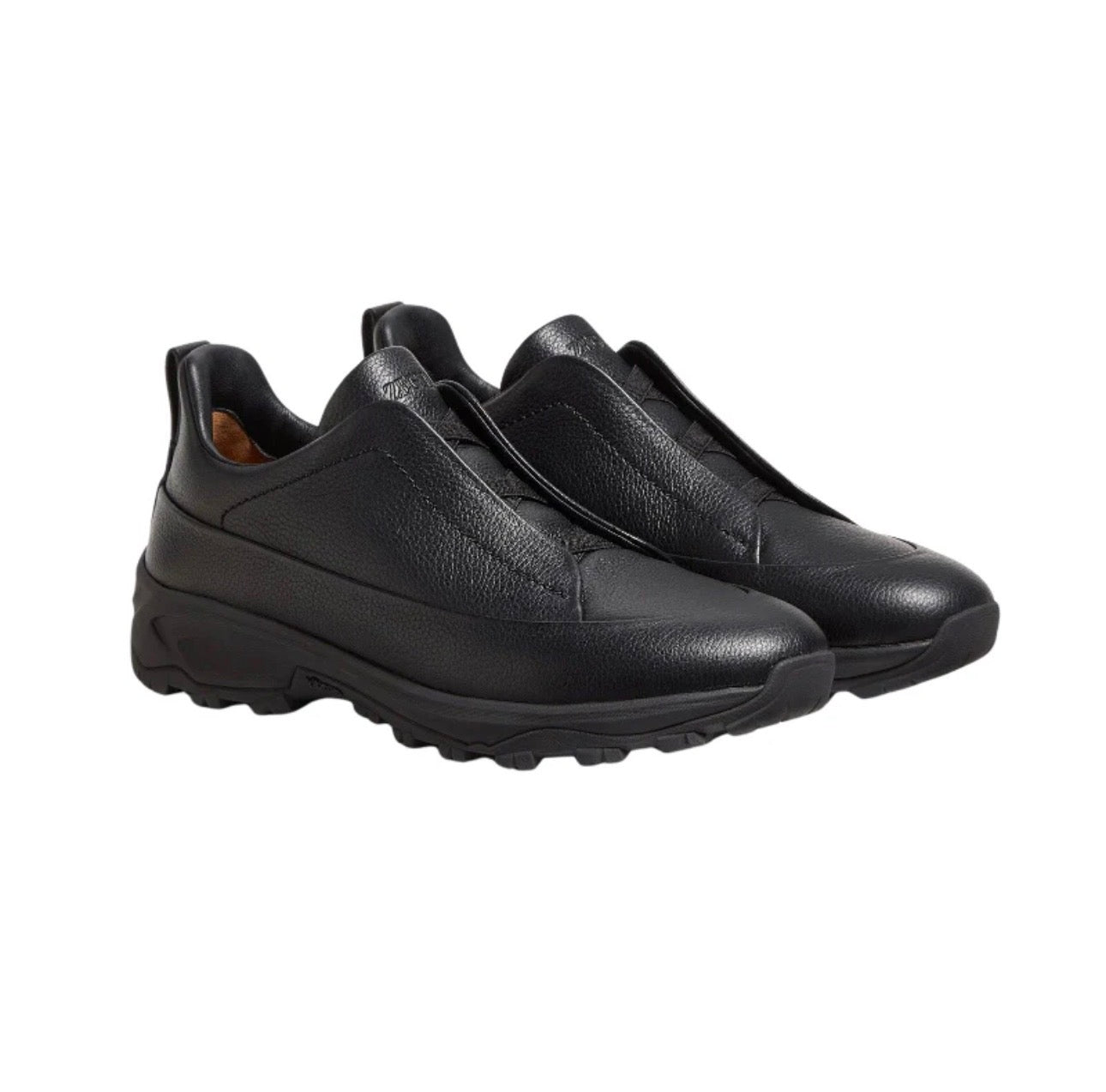 Zegna - Triple Stitch Monte Grained Calf Leather Black Slip On Sneakers